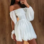 Solid Color Square Neck Off Shoulder Dress Hollowed Long Sleeves Waist Cinching A Line Silhouett
