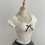 Summer Womens Short Sleeve T Shirt Polka Dot Design Bow Detail Casual Style Ready to Ship Low MO