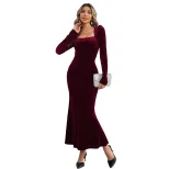 Velvet Mermaid Maxi Dress Long Sleeve Bodycon Fit Elegant Design Perfect for Parties and Formal