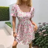 Summer Floral Print Dress Sweet Puff Sleeves Square Neckline Lightweight Fabric Perfect for Casu