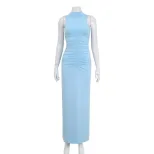 Sleeveless High Neck Bodycon Dress Elegant Solid Color Pleated Design Slim Fit Perfect for Parti