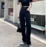 跨境牛仔裤女2023春季新款韩版百搭复古设计感高腰宽松阔腿直筒裤