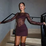 Lace Trimmed Bodycon Mini Dress Sheer Panels Long Sleeve Fashionable Design Nightclub Wear for W