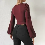 Wine Red Square Neck Short Knit Top for Women Long Sleeve Vintage Lantern Sleeves Slim Fit Sprin