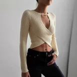 Womens Long Sleeve Cropped Top Hollow Out Design Ribbed Fabric Sexy Style Perfect for Fall Fashi