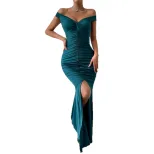 Off Shoulder Ruched Mermaid Dress Slim Fit High Slit Elegant Evening Gown Perfect for Formal Eve