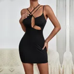 Summer Womens Black Hollow Out Bodycon Dress Adjustable Straps Slim Fit Elegant Style Perfect fo