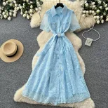 Embroidered Lace A Line Dress for Women Summer Fashion Elegant Fit and Flare Available in Red Apricot and Blue