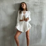Summer Casual Two Piece Set Loose Fit Cardigan Top with Drawstring and Shorts Comfortable Home W