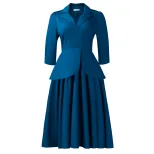 Plus Size Womens Dress Autumn Fashion Solid Color Three Quarter Sleeve Suit Collar Flared Skirt