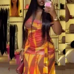 Summer Floral Print Bodycon Dress Breathable Sleeveless Ruched Asymmetrical Neckline Casual or P