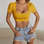 Summer Womens Crop Top Square Neck Slim Fit Short Sleeve Trendy Street Style Wholesale Available