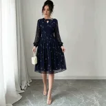 Blue Printed Chiffon Long Sleeve Dress for Women A Line Silhouette Rhinestone Accents Mid Length Perfect for Spring