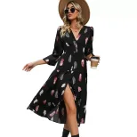 Romantic Elegant Colorful Feather Print Dress Three Quarter Sleeve Spring Fall Style Wholesale A