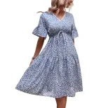 Blue Floral Print V Neck Summer Dress for Women Fresh and Sweet Style Available in Multiple Sizes Wholesale Supply