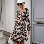 Vintage Floral Ruffle Hem Dress Lantern Sleeve V Neck Autumn Style Perfect for Casual Outings OE