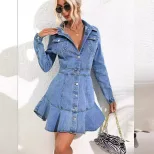 Vintage Inspired Long Sleeve Denim Dress Slim Fit Waist Cinching Design Casual Style Ready to Sh