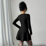 Womens Mini Dress Knitted V Neck Long Sleeve Solid Color Flared Hem Spring Summer Fashion Wholes