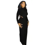 Womens Bodycon Dress Solid Color Ruffled Hem High Neck Long Sleeve Stylish for Office Wear or Ca