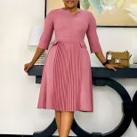 Plus Size Womens Dress Solid Color Fashionable Pleated Three Quarter Sleeve Suitable for Casual Occasions Wholesale
