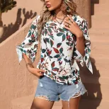 Casual Leaf Print Top Bow Tie Detail Mid Sleeve Stylish Design Perfect for Spring Summer Ready t
