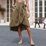 Cotton Linen Ruffle Hem Skirt Solid Color Summer Style Womens Fashion Wholesale Available factor
