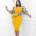 Womens Pencil Dress Spring Summer Collection Mesh Puff Sleeve Color Block Design Elegant Style W