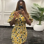 Fashionable Lantern Sleeve Mini Dress Stand Collar Printed Shoulder Pads Slim Fit Casual Summer
