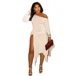 Fashionable Womens Irregular Hem Dress Slim Fit Solid Color One Shoulder Long Sleeve Side Slit C