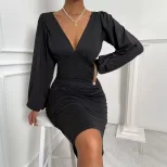 Womens Sexy V Neck Dress Waist Defining Pleated Slim Fit High Waisted Spring Summer Fashion Whol
