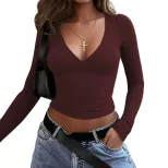 Vintage American Style Burgundy V Neck Stretch Fitted Top Long Sleeve Slim Fit Layering Essentia