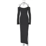 Womens Halter Neck Maxi Dress Sexy Off Shoulder Design Side Slit Lightweight Fabric Spring Summe