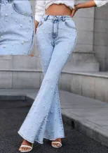 Womens Stretchy Flared Pearl Studded Denim Jeans Versatile Casual Style Perfect for Everyday Wea