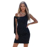 Polka Dot Sleeveless A Line Dress Slim Fit One Side Tie Off Shoulder Summer Casual Wear Wholesal
