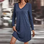 Loose Fit Solid Color Long Sleeve Dress V Neck Casual Style Spring Summer Fashion Wholesale Avai