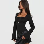 Black Womens Top Unique Design Square Neckline M Shaped Metal Buckle Ruffled Details Slim Fit Lo