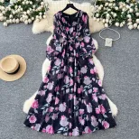 Elegant Womens Floral Chiffon Dress Slim Fit Waist Design Long Sleeve for Spring and Summer