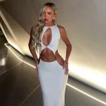 Sleeveless Hollow Out Dress Metallic Accents Solid Color Sexy Split Design Nightclub Wear for Wo