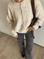 Womens Vintage Grey Wool Cardigan Soft Knit Versatile Button Closure Casual Wear Fall Winter Who