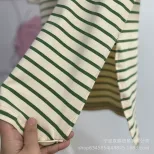 Womens Striped Loose Fit Cotton T Shirt Casual Long Sleeve Round Neck Side Slit Spring Summer Fa