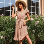 Summer Floral Green Pleated V Neck Dress Lightweight Fabric Elegant Design Perfect for Casual Ou