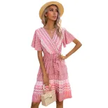 Womens A Line Dress with Tie Detail Short Sleeve V Neck Geometric Print Available in Blue and Pink Wholesale