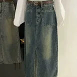 水泥灰开叉设计感牛仔半身裙女秋季高腰中长款a字包臀百搭一步裙