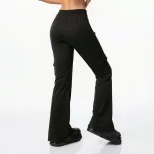 Womens Black Flared Trousers Elastic Waist Side Pockets Casual Style Perfect for Spring and Autu