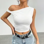 Asymmetrical Shoulder Knit T Shirt Slim Fit Sexy Design Comfortable Fabric Casual Wear for Women