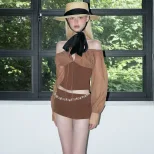 Off Shoulder Vintage Mesh Long Sleeve Top and Bodycon Mini Skirt Set Sexy Elegant Autumn Wholesa
