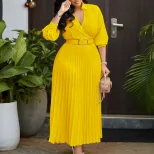 V Neck Long Sleeve Pleated Dress Solid Color Flowy Skirt Fashionable Design Spring Summer Wear W