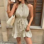 Summer Womens Dress High Neck Sleeveless Solid Color Jacquard Fabric Casual or Evening Wear Whol