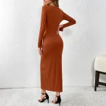 V Neck Long Sleeve Bodycon Dress Slim Fit Side Slit Button Detail Chic Style for Parties or Casu
