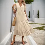 Summer A Line Midi Dress Solid Color Stand Collar Short Sleeve Casual Wear for Women Wholesale A